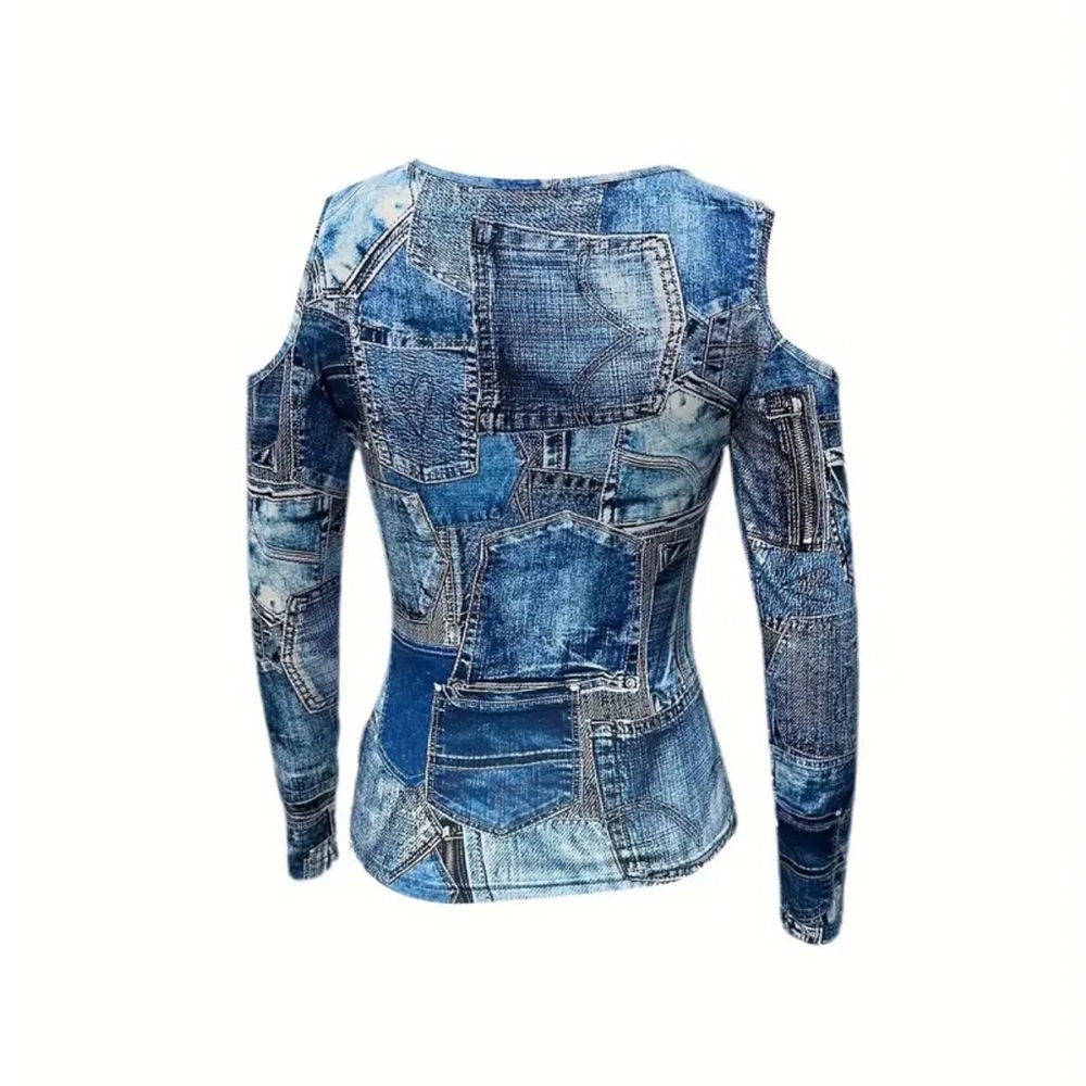 Stylish Blue Denim Print Cold Shoulder Top - Picture 3 of 4